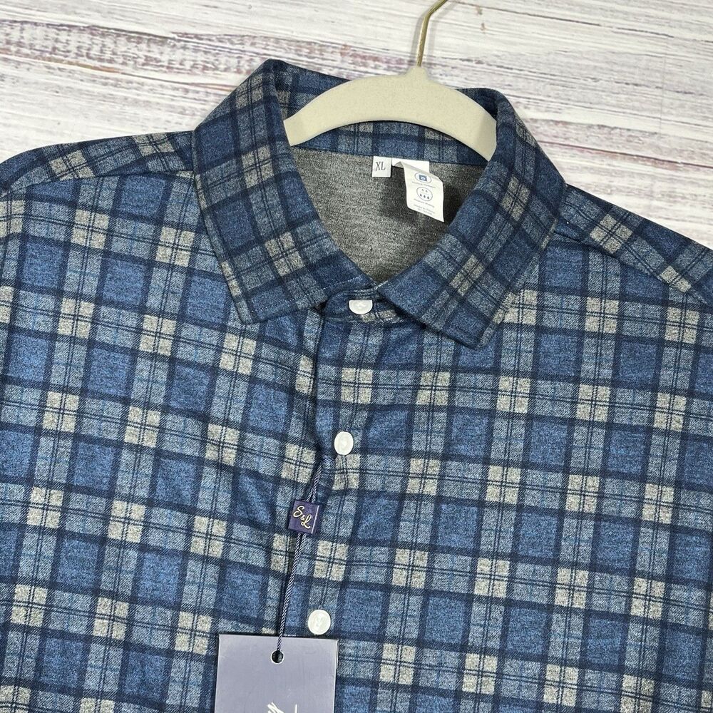 State and Liberty Button Down Athletic Fit Plaid Stretch Shirt Blue Mens Size XL
